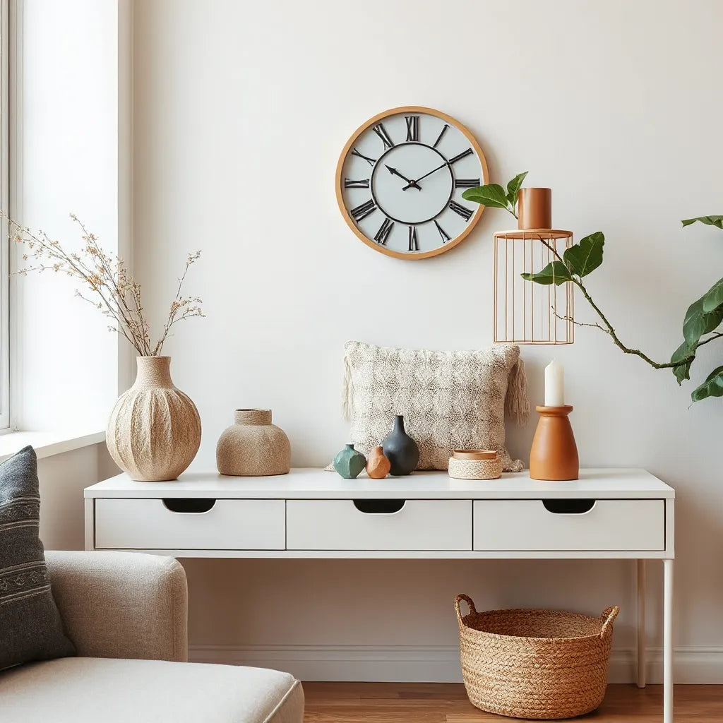 Living room console styled with quirky decor like a novelty vase and patterned pillow