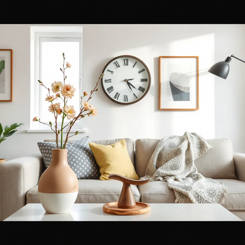 Quirky decor accents in a bright living room, including a ceramic vase, sculptural figurine, and patterned throw