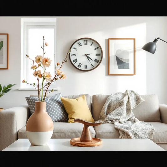 Quirky decor accents in a bright living room, including a ceramic vase, sculptural figurine, and patterned throw