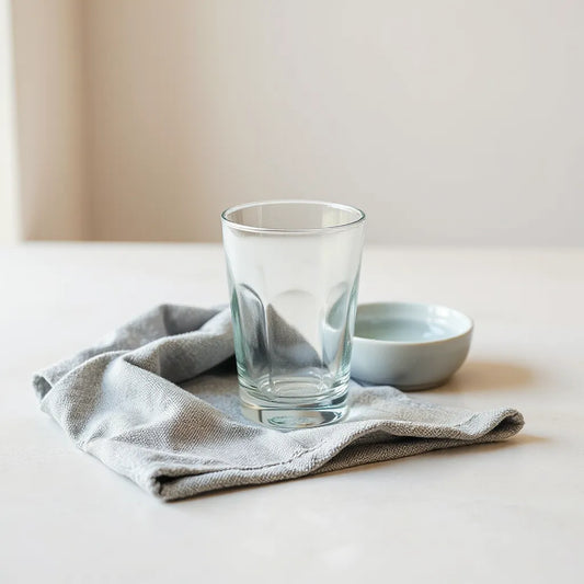 Clear glass item with a microfiber cloth and water bowl on a clean minimalist surface