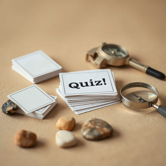 Stack of trivia cards beside smooth rock specimens, with magnifying glass on a clean tabletop.