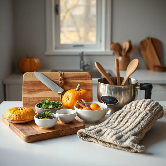 A warm kitchen countertop styled with seasonal ingredients and cooking essentials like utensils and oven mitts