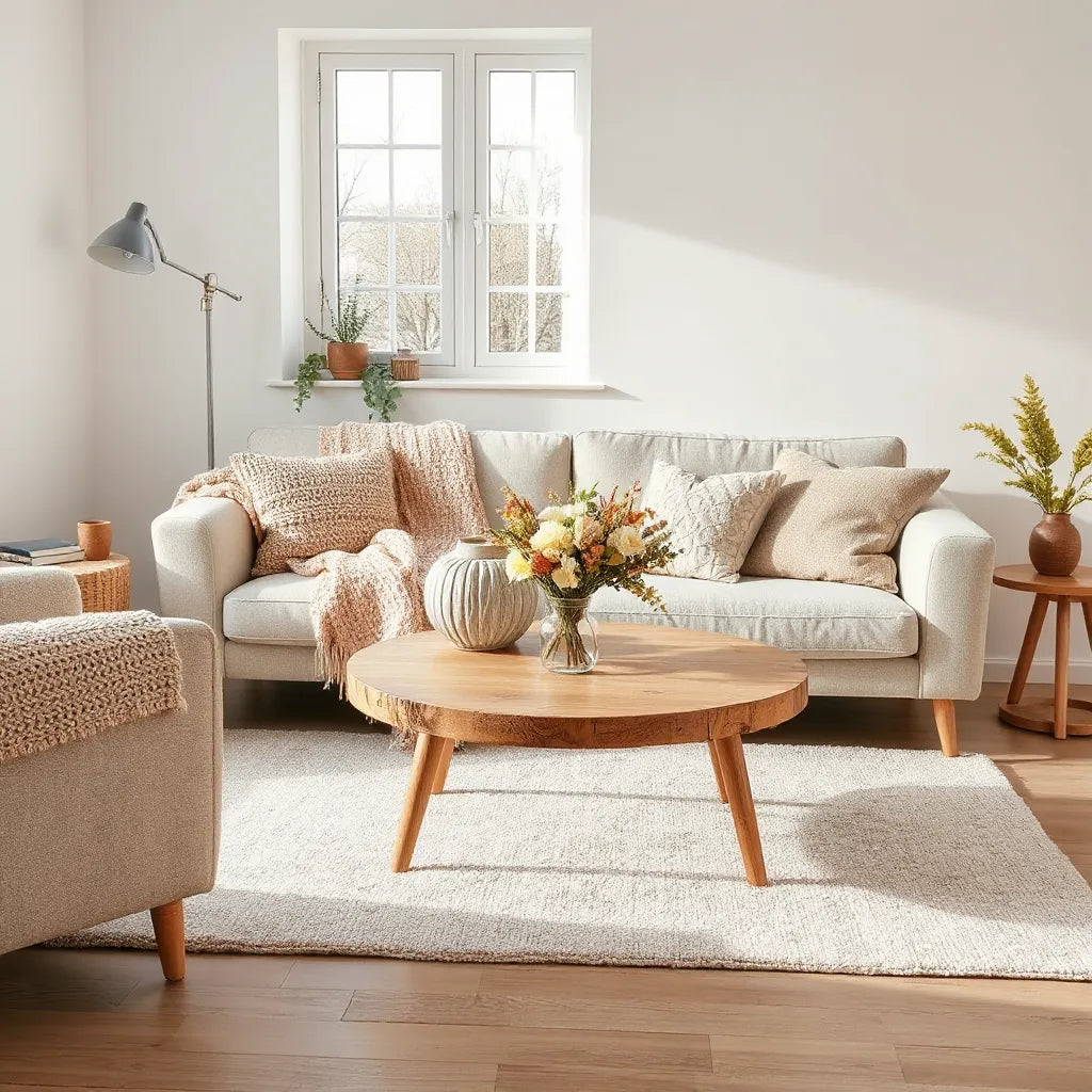 Living room styled with cozy seasonal accents, textured throw, and fresh flowers on a wood coffee table