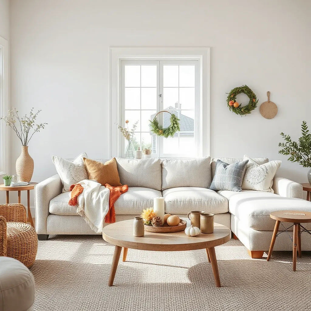 Bright living room with seasonal throw blanket, coordinating pillows, and simple centerpiece