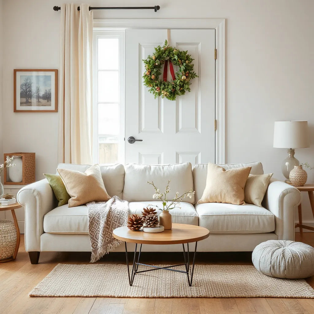 Living room styled with seasonal throw pillows, a natural centerpiece, and a wreath backdrop
