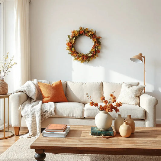 Living room styled with seasonal throw, wreath, and a curated centerpiece on a coffee table