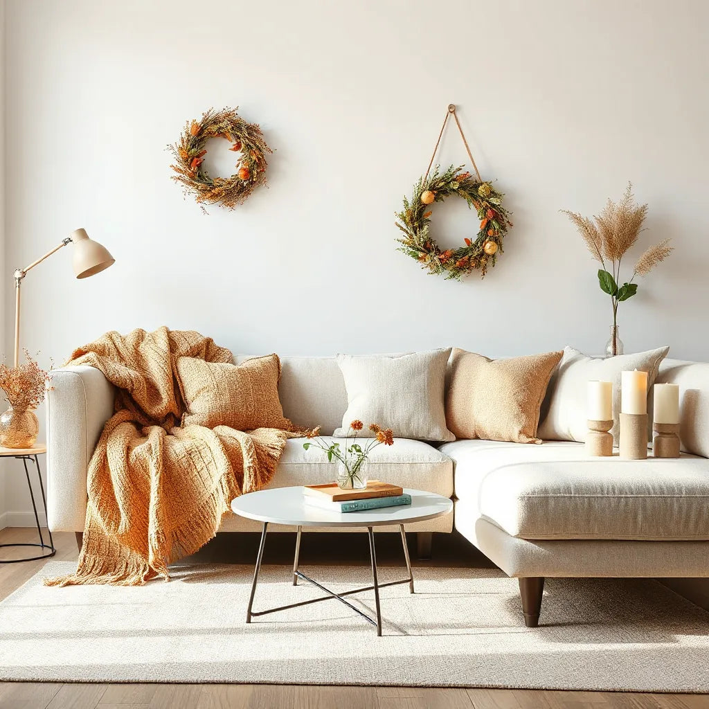 Cozy living room styled with seasonal pillows, a throw blanket, and a wreath wall accent