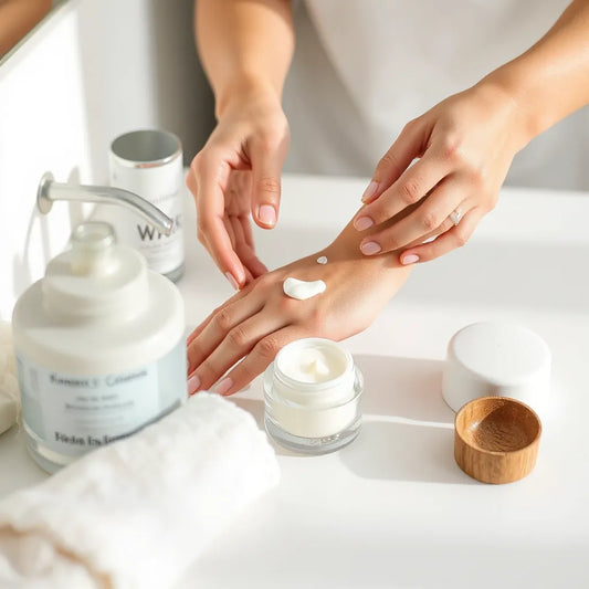 Gentle creamy moisturizer applied on skin with a minimalist jar and dropper on a clean vanity.