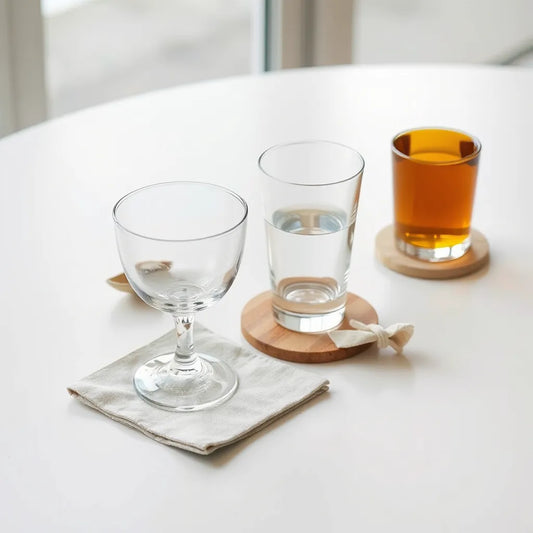 Minimal arrangement of clear signature glassware with soft linen and coaster on a light background