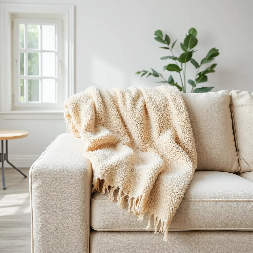 Fluffy soft plush throw blanket draped over a sofa arm in a cozy living room