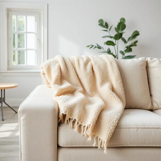 Fluffy soft plush throw blanket draped over a sofa arm in a cozy living room