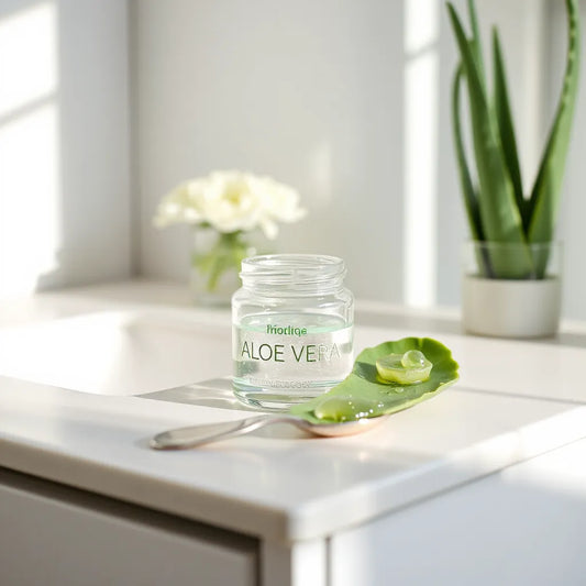 Clear aloe vera gel in a glass jar beside a fresh aloe leaf on a clean vanity