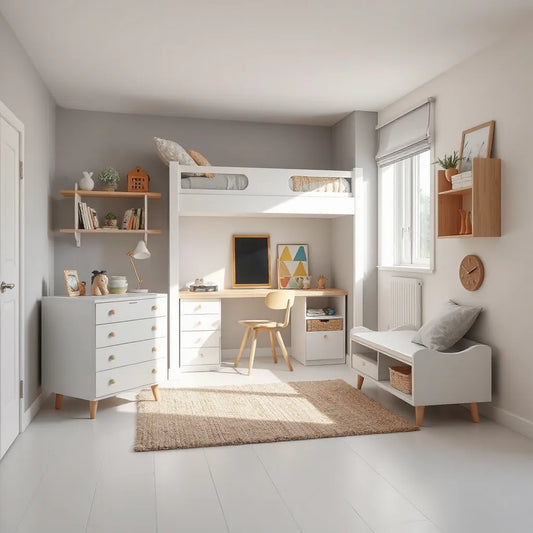 Compact kids bedroom with a loft bed, desk underneath, and wall shelves for storage