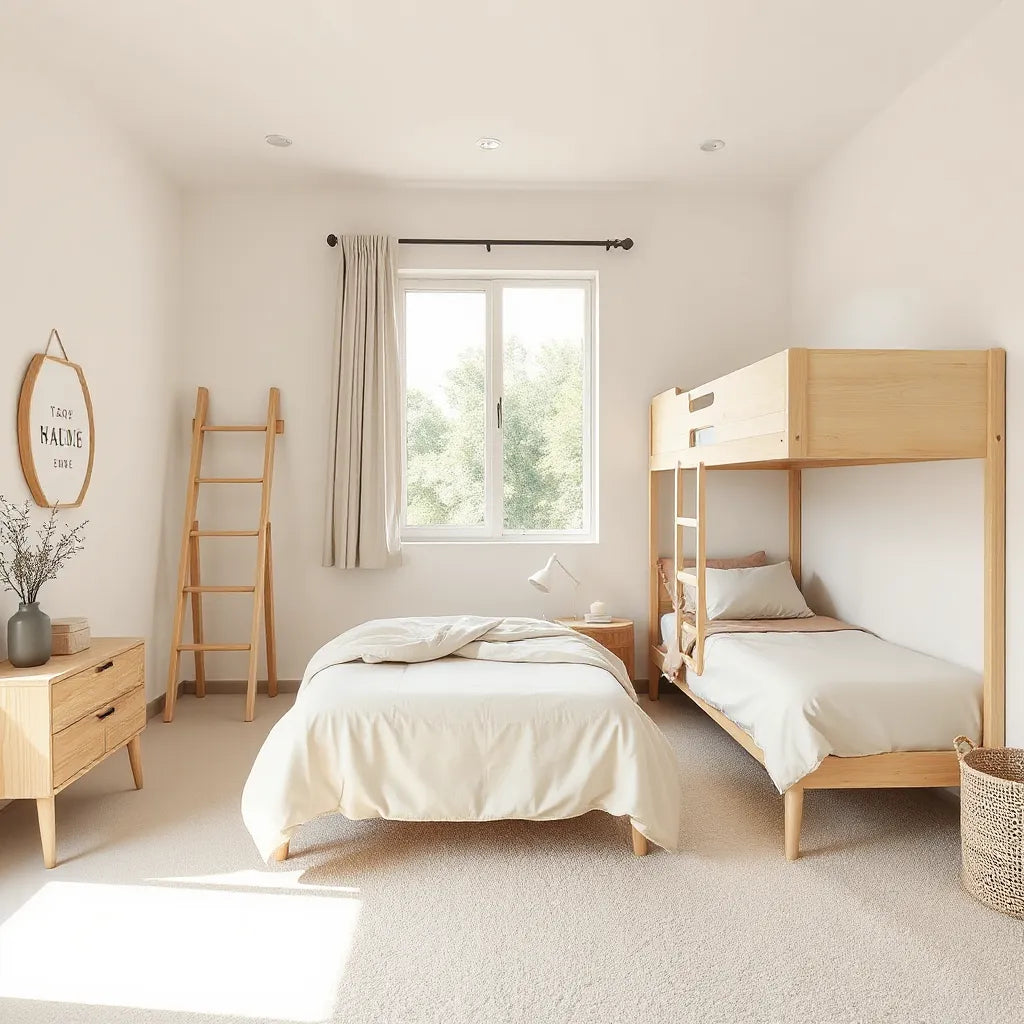Two sturdy bunk beds with ladder in a small, bright bedroom with open floor space