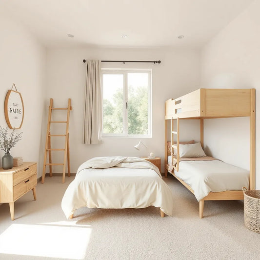 Two sturdy bunk beds with ladder in a small, bright bedroom with open floor space