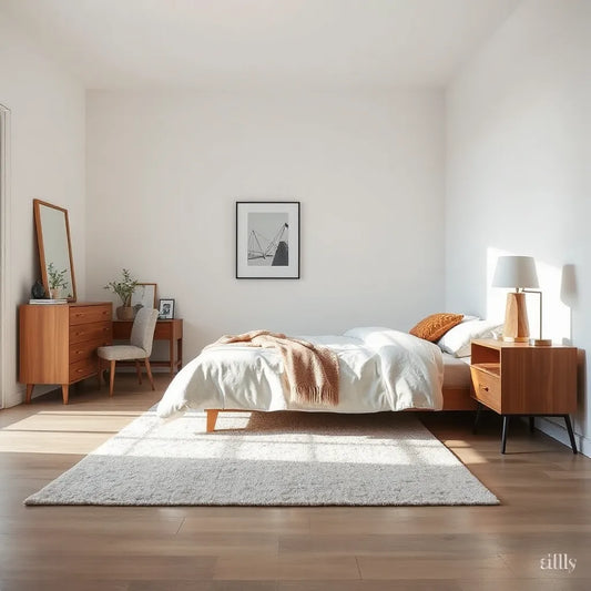 Modern bedroom with neatly styled bed, nightstand, minimal decor, and warm natural light