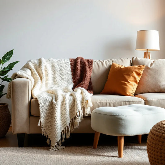 Stylish throw blankets draped over a living room sofa with cozy pillows and warm lamp light