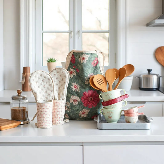 Patterned apron, oven mitts, and matching kitchen tools arranged on a clean countertop