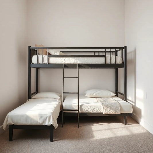 Twin over twin bunk bed in a bright bedroom with ladder access and neatly made mattresses