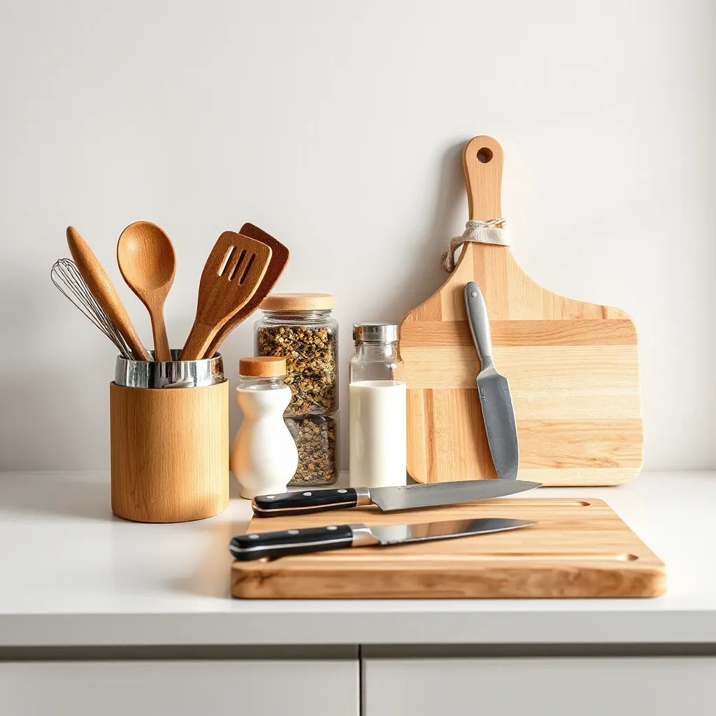 Stylish kitchen counter featuring unique utensils, spice storage, and cutting board accessories