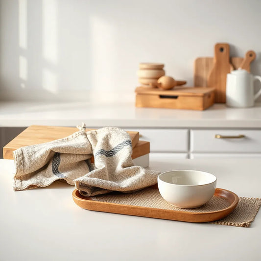 Coordinated unique kitchen textiles including patterned towels, an oven mitt, and a runner on a clean countertop
