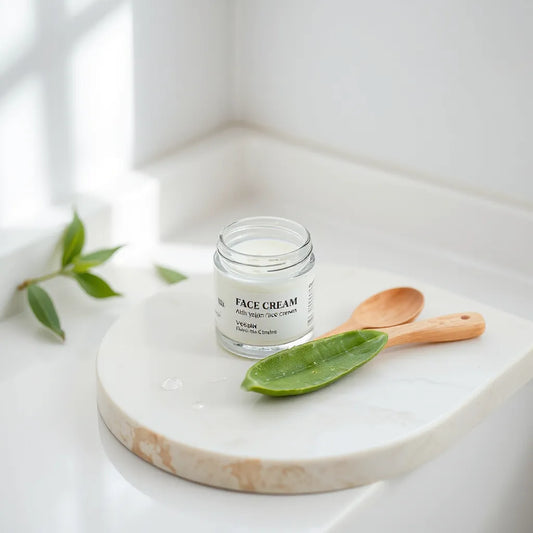Vegan face cream jar with a wooden spatula on a clean vanity with fresh green leaves