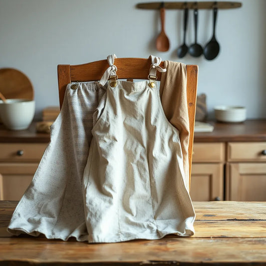 Vintage-style aprons in floral, striped, and solid fabrics laid on a wooden table in a rustic kitchen