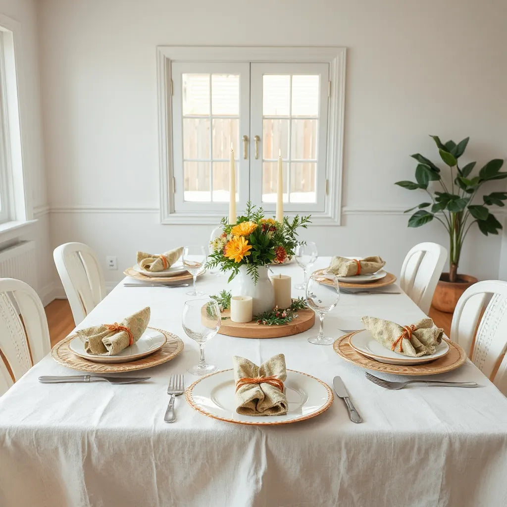 Cozy dining table with playful centerpiece flowers, mismatched plates, and folded colorful napkins