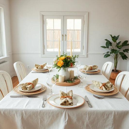 Cozy dining table with playful centerpiece flowers, mismatched plates, and folded colorful napkins