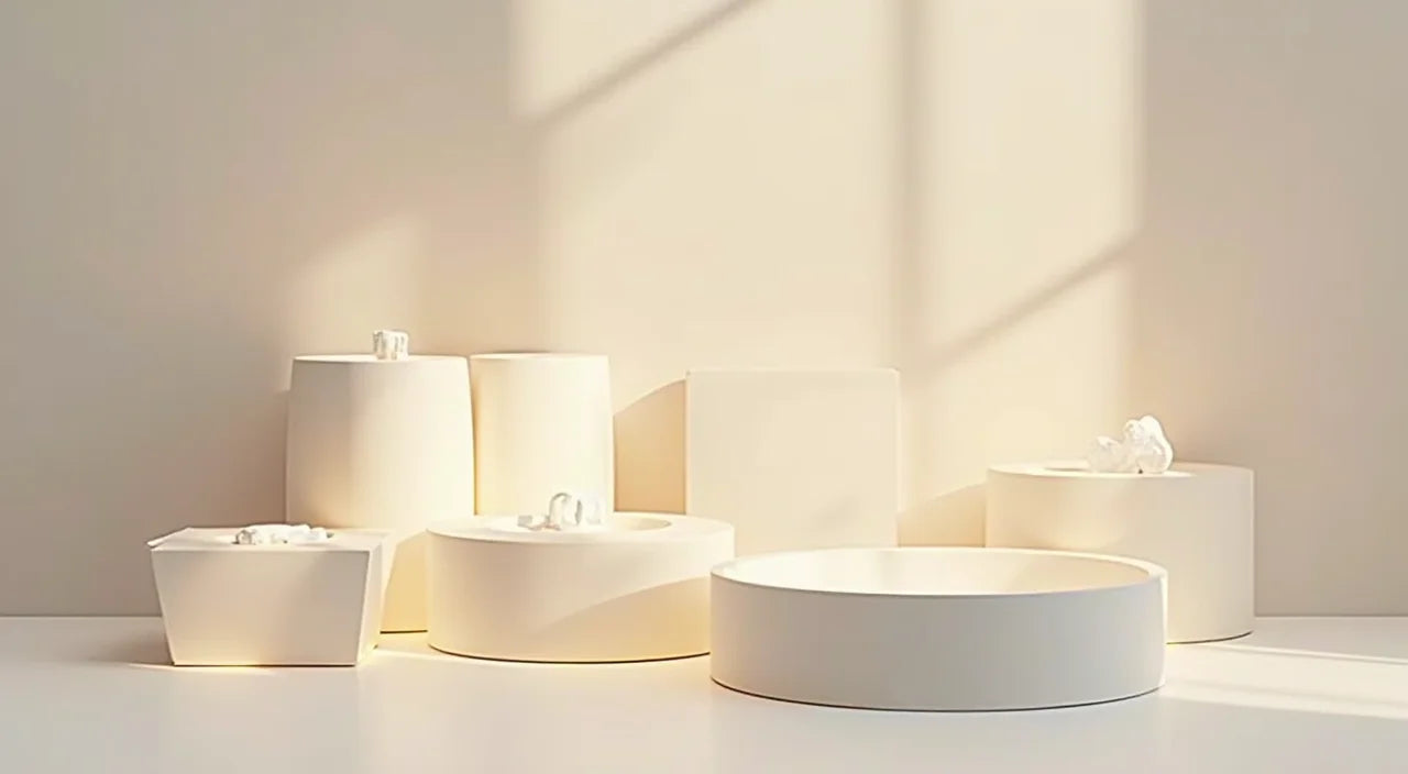 Multiple ceramic fixtures arranged in layered arrangement creating harmonious soft lighting pattern