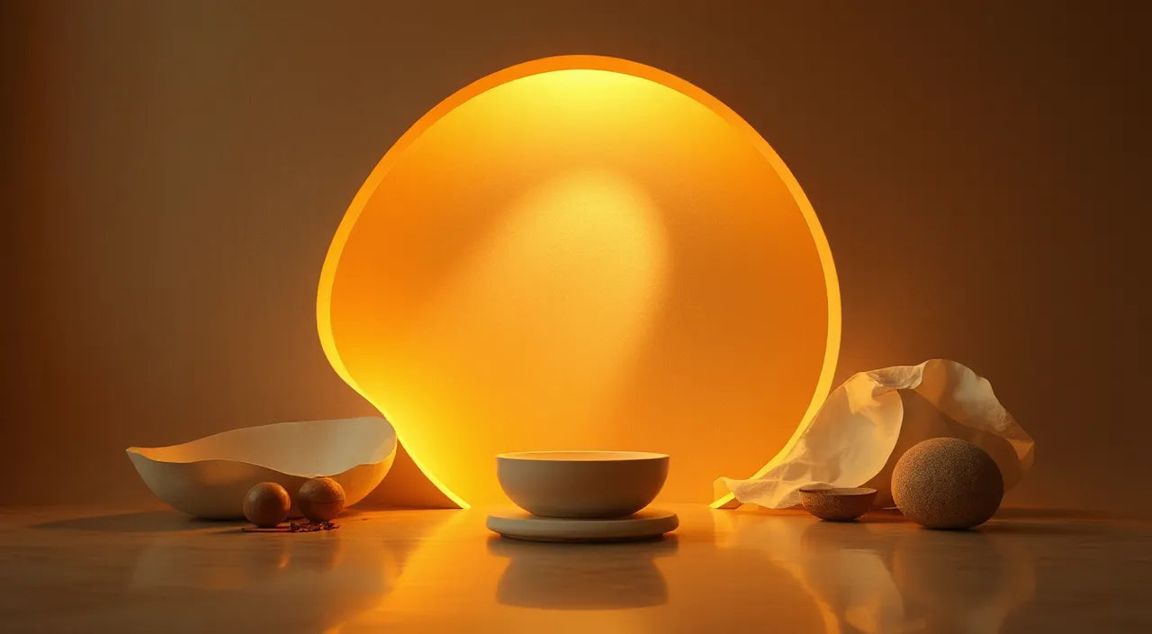 Warm light glow highlighting reflective accents and centerpiece depth