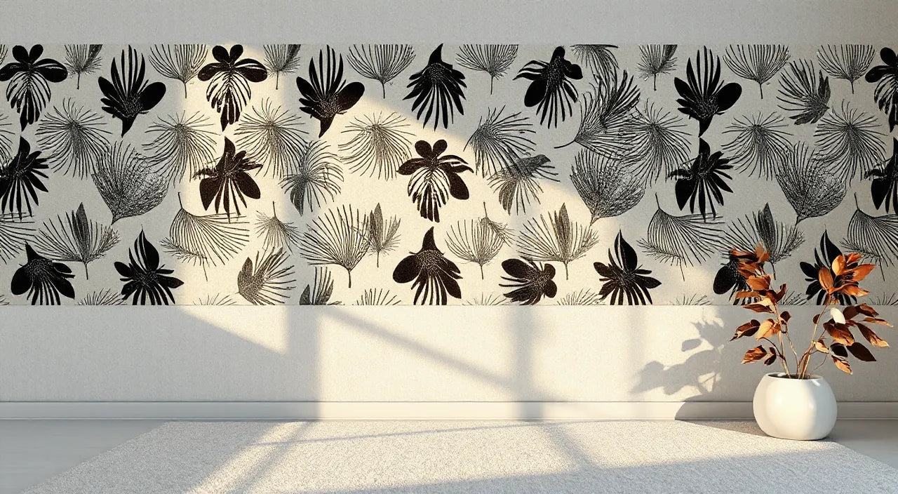 Bold pattern contrasted with neutral workspace textiles