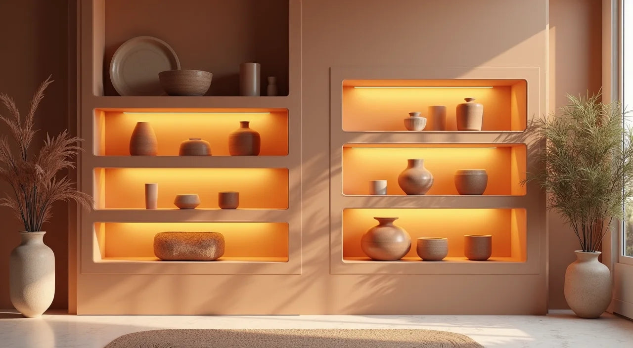 Ceramic artistic pieces arranged on shelving with warm ambient lighting creating cozy atmosphere