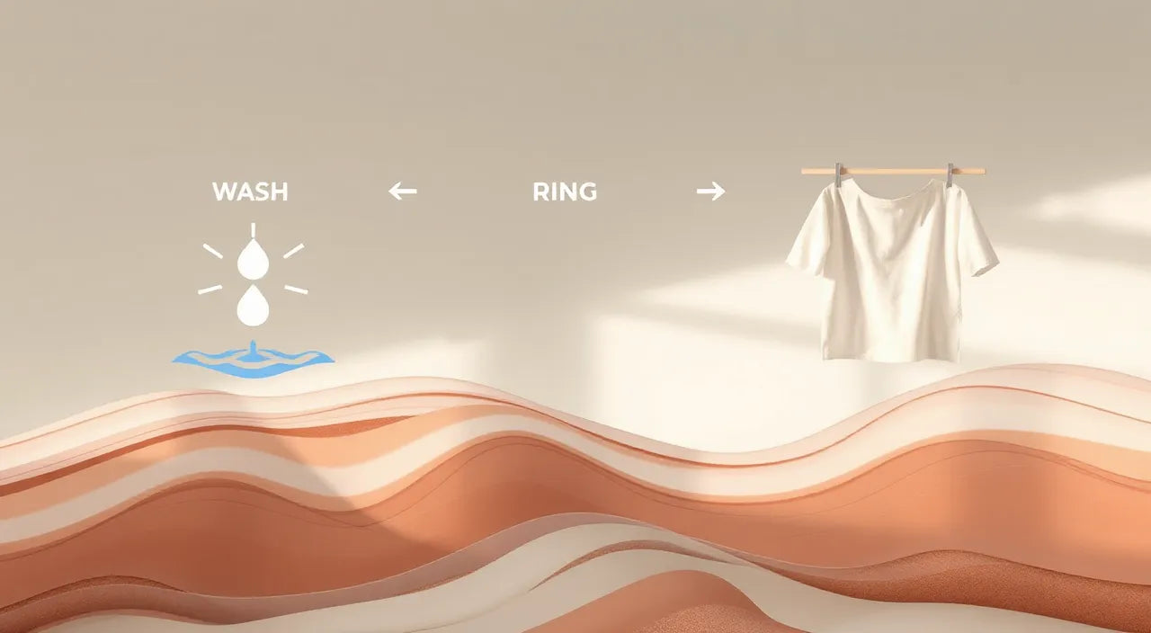 Care steps: wash icon, rinse water, hang drying