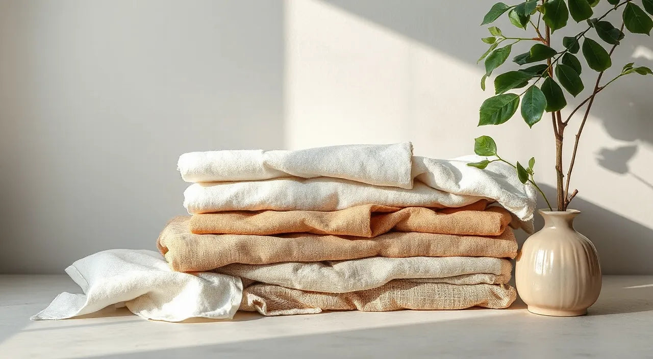 Layered textiles, color swatches, tidy counter styling