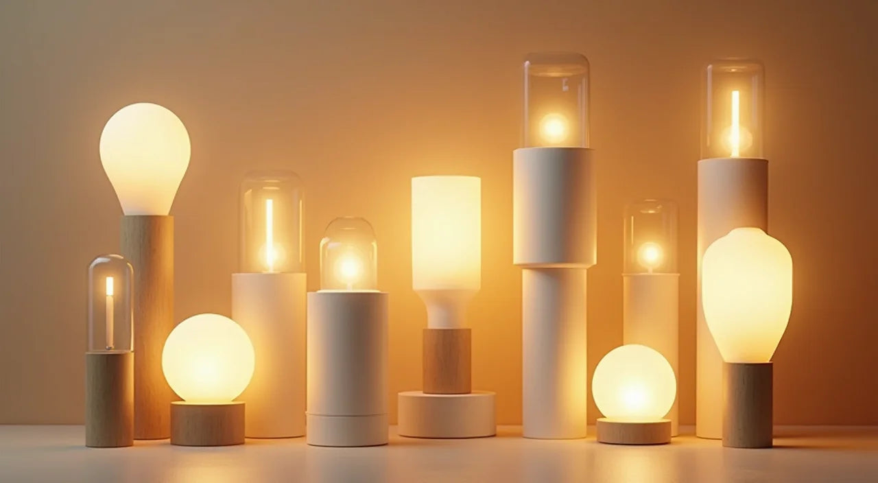 Artfully arranged light fixtures showing varied heights, materials, and warm golden illumination.