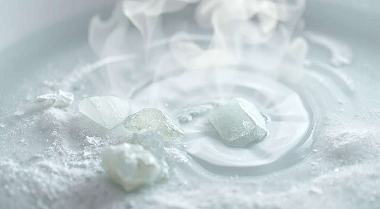 Mineral crystals, gentle steam, and calming bath-water swirl