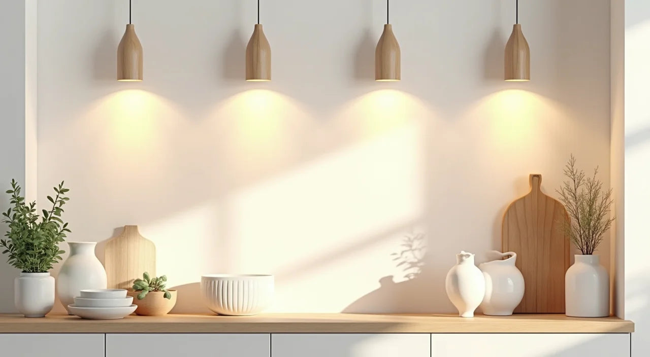 Minimalist kitchen display featuring white ceramic vessels, hanging herbs, and warm pendant lighting creating inviting atmosphere