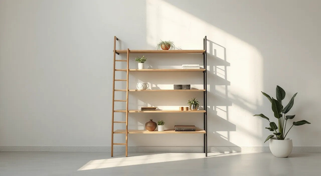 Vertical storage concept with ladder-like shelving