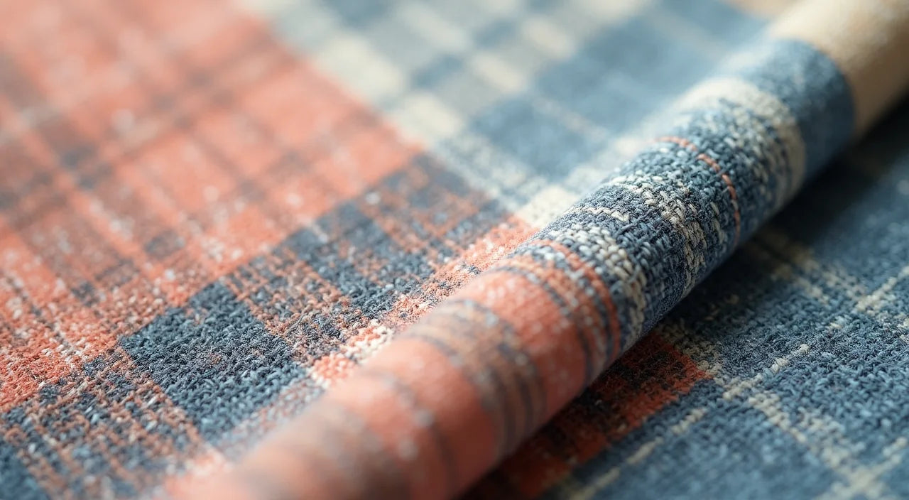 Close-up texture of woven fabric showing weave pattern and printed design details