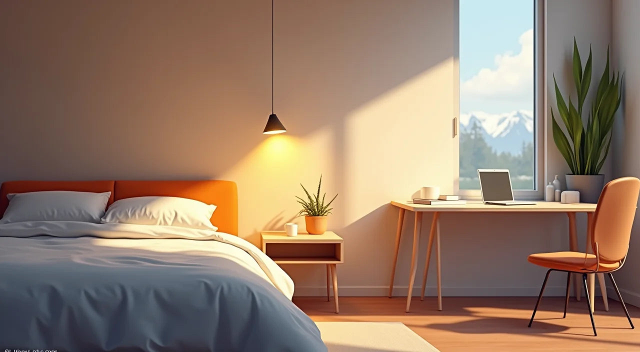 Bedside zone featuring warm ceramic accent light, desk area with adjustable task lamp, and dimmable overhead fixture.
