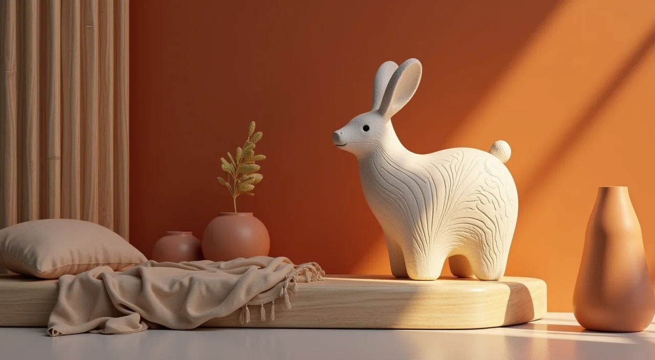 Artisan ceramic animal sculpture with integrated soft light creating warm bedroom ambiance and architectural interest.