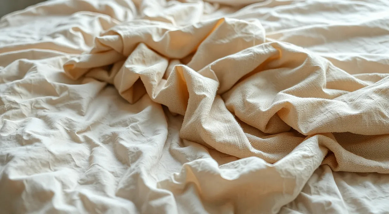 Layered textures and neutral tones on a bed.