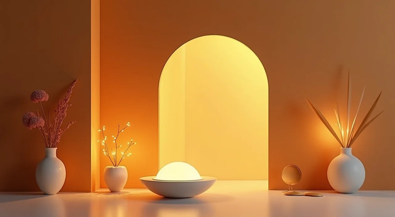 Modern lighting designs blending minimalist silhouettes with warm amber glows for contemporary spaces.