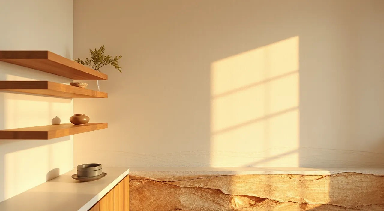 Warm glow reflecting on layered shelves and textures