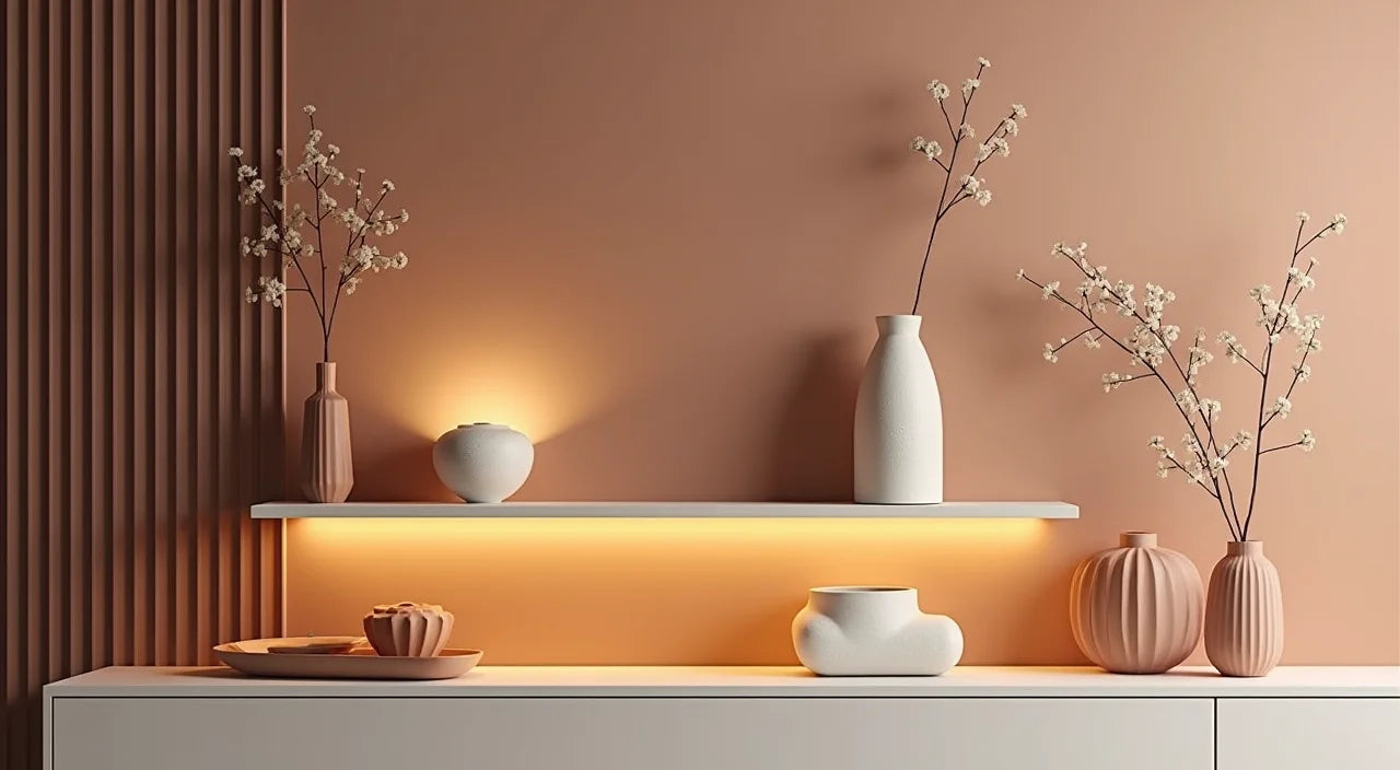 Ceramic accent lights illuminate shelves while adding sculptural visual interest and ambient warmth.