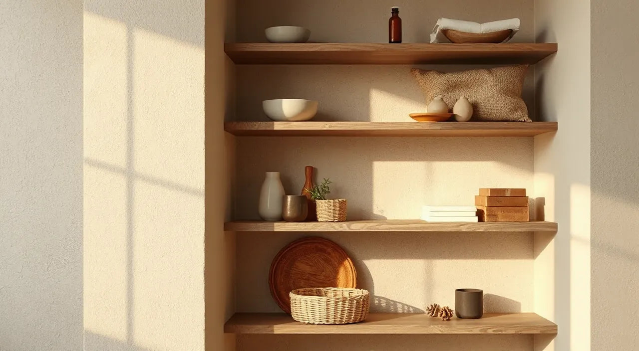 Layered seasonal mood: warm glow, textured neutrals, tidy shelves