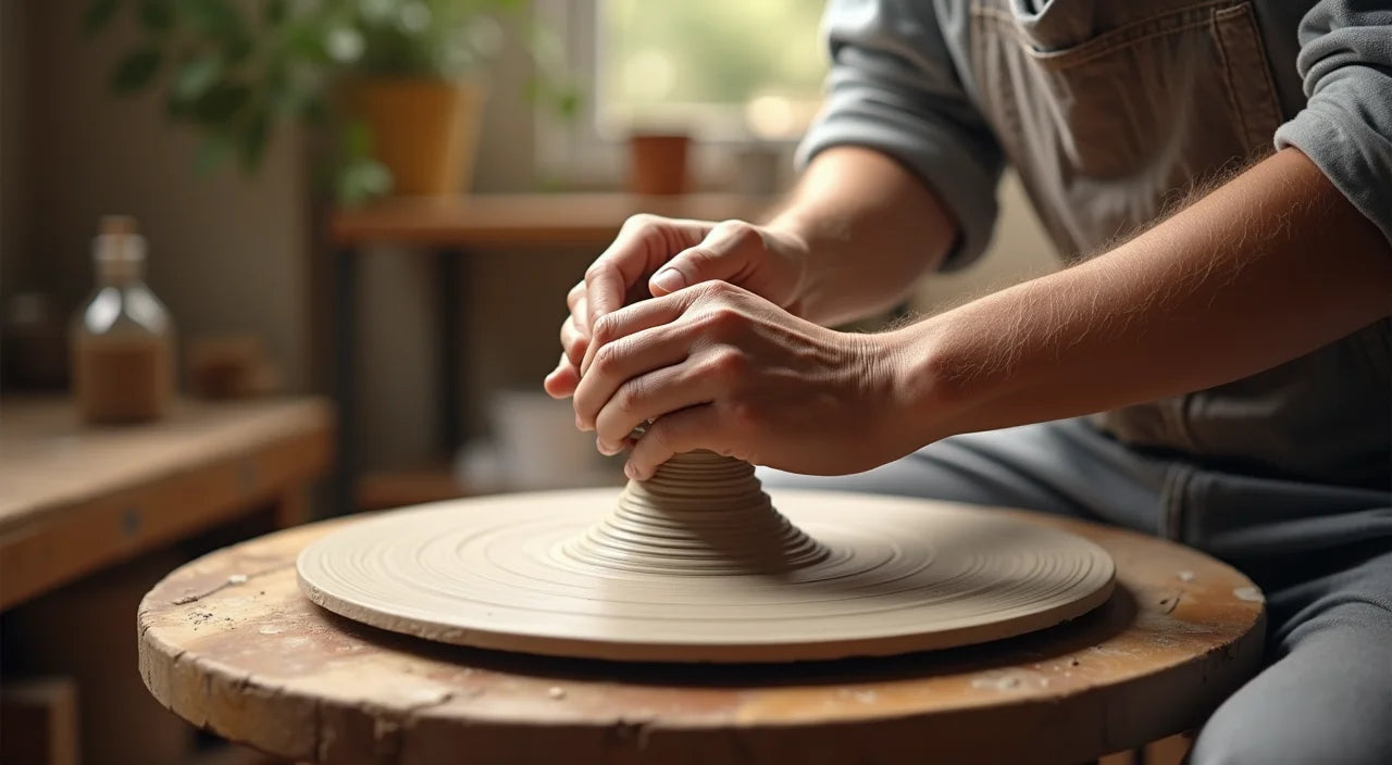 Artisan hands shaping clay on spinning wheel with natural workshop lighting