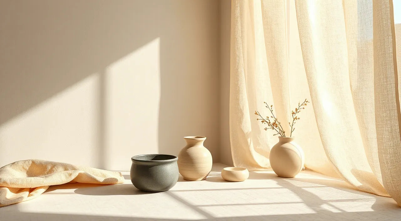Layered warm light with neutral textiles and ceramics