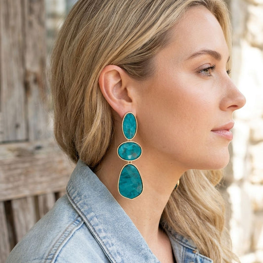 3 Tier Drop Green Mosaic Gold Geometric Earrings